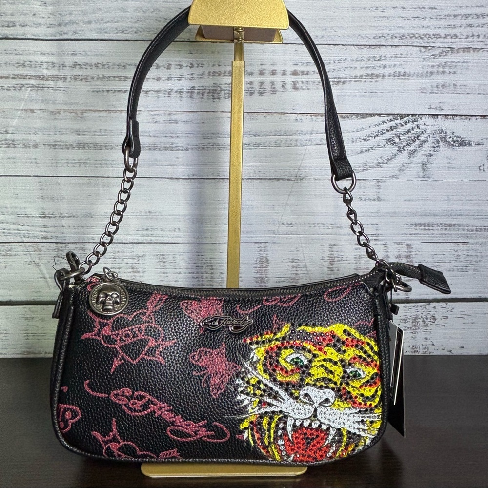 Ed Hardy Black Shoulder & Crossbody Bag with Vibrant Tiger Design